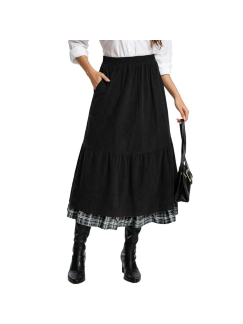 Midi Corduroy Skirt Plaid Flared A-Line with Pockets Women's